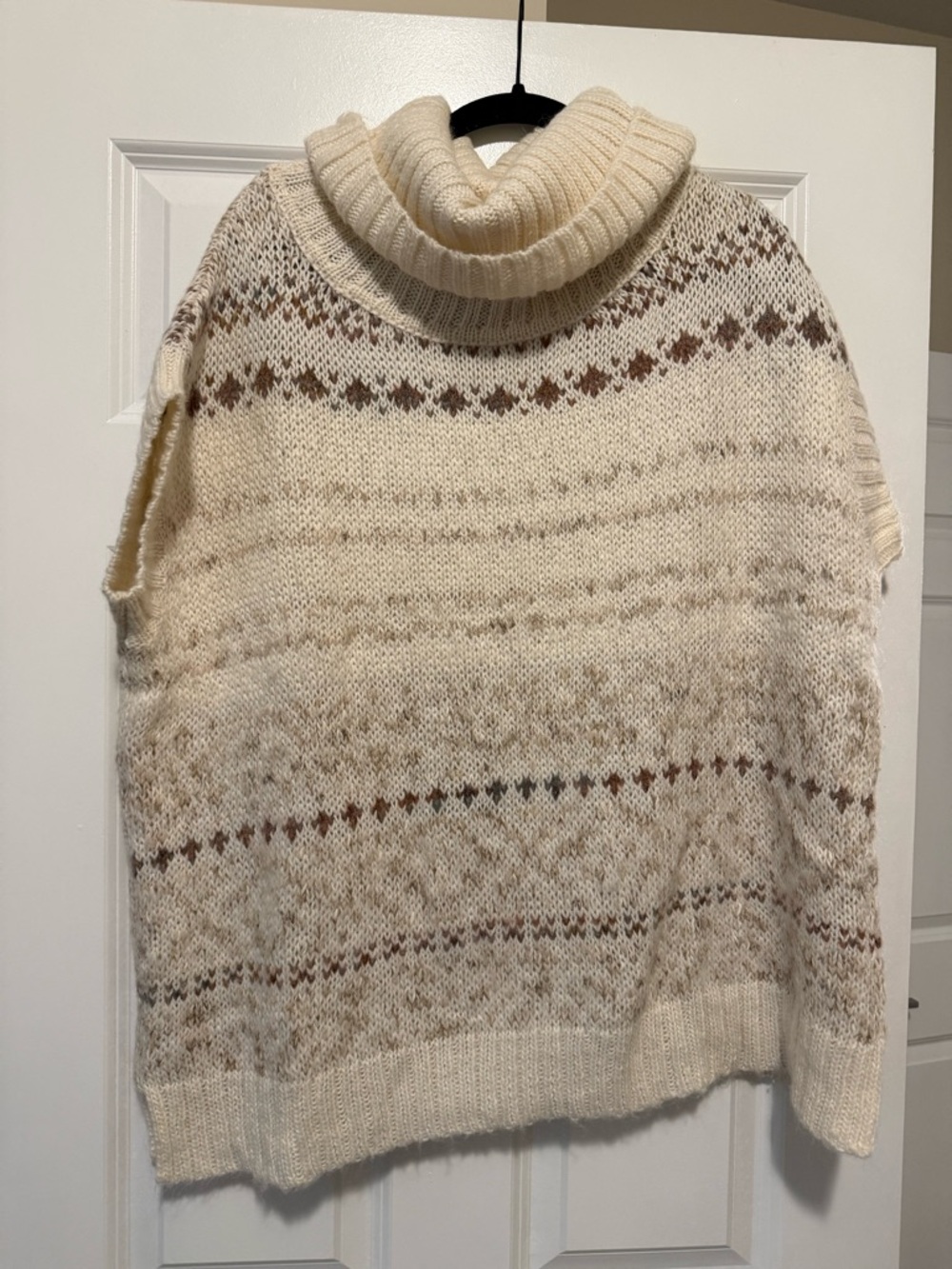 Free People Cream Knit Poncho Sweater with Brown Accent